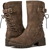 GLOBALWIN Women's Biker Boots Lace up Back Mid Calf Motorcycle Fashion Festival Boots Combat Riding Military Boots for Women