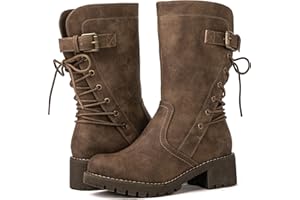 GLOBALWIN Women's Biker Boots Lace up Back Mid Calf Motorcycle Fashion Festival Boots Combat Riding Military Boots for Women