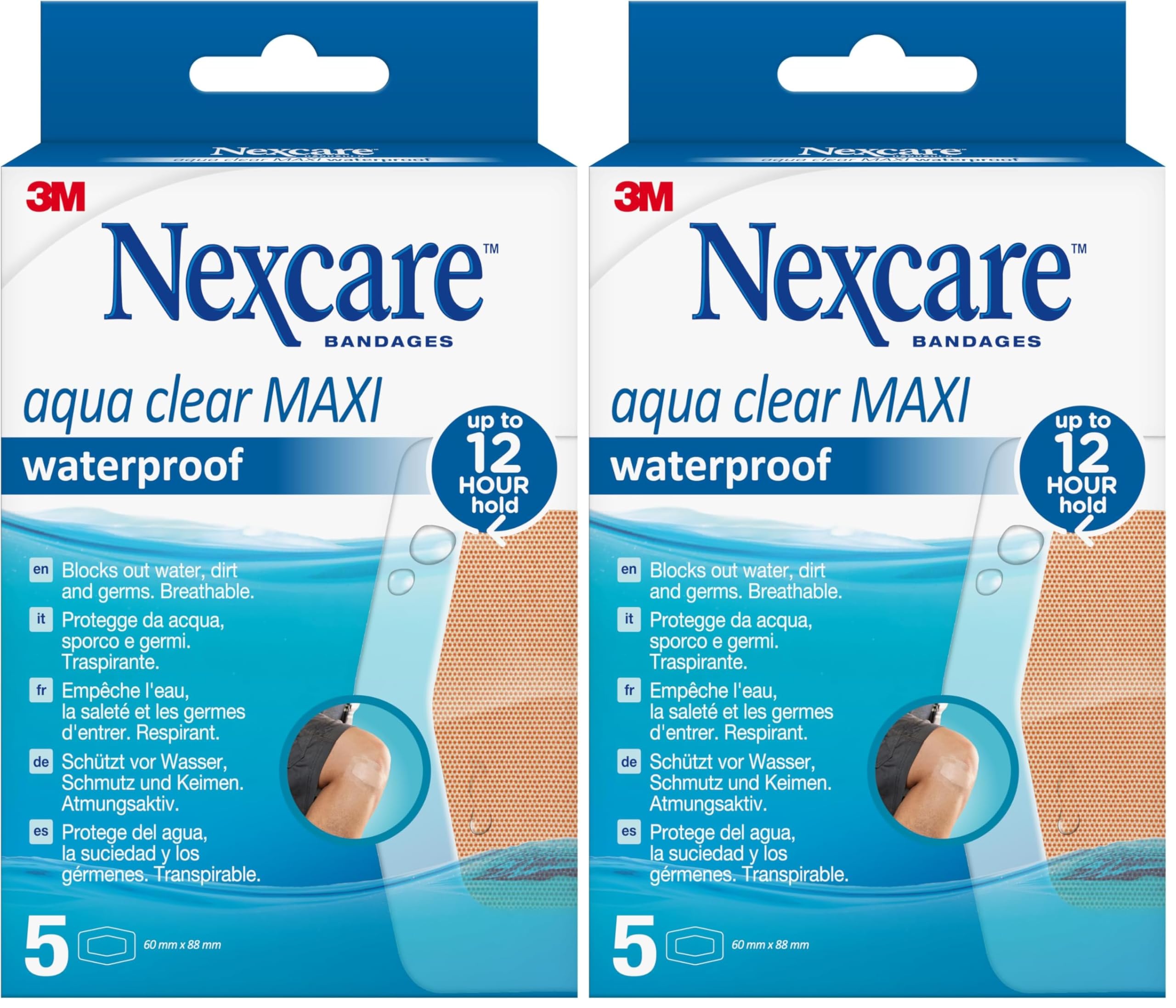 Nexcare Aqua Clear Maxi Waterproof Bandages - 5 Plasters per Pack, 60 mm x 88 mm - Waterproof for Wounds & Minor Scratches (Pack of 2)