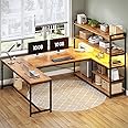 SEDETA L Shaped Desk with Storage Shelves, 63” Reversible U Shaped Office Desk, Gaming Desk with Power Outlet and LED Lights for Home Office, Rustic Brown