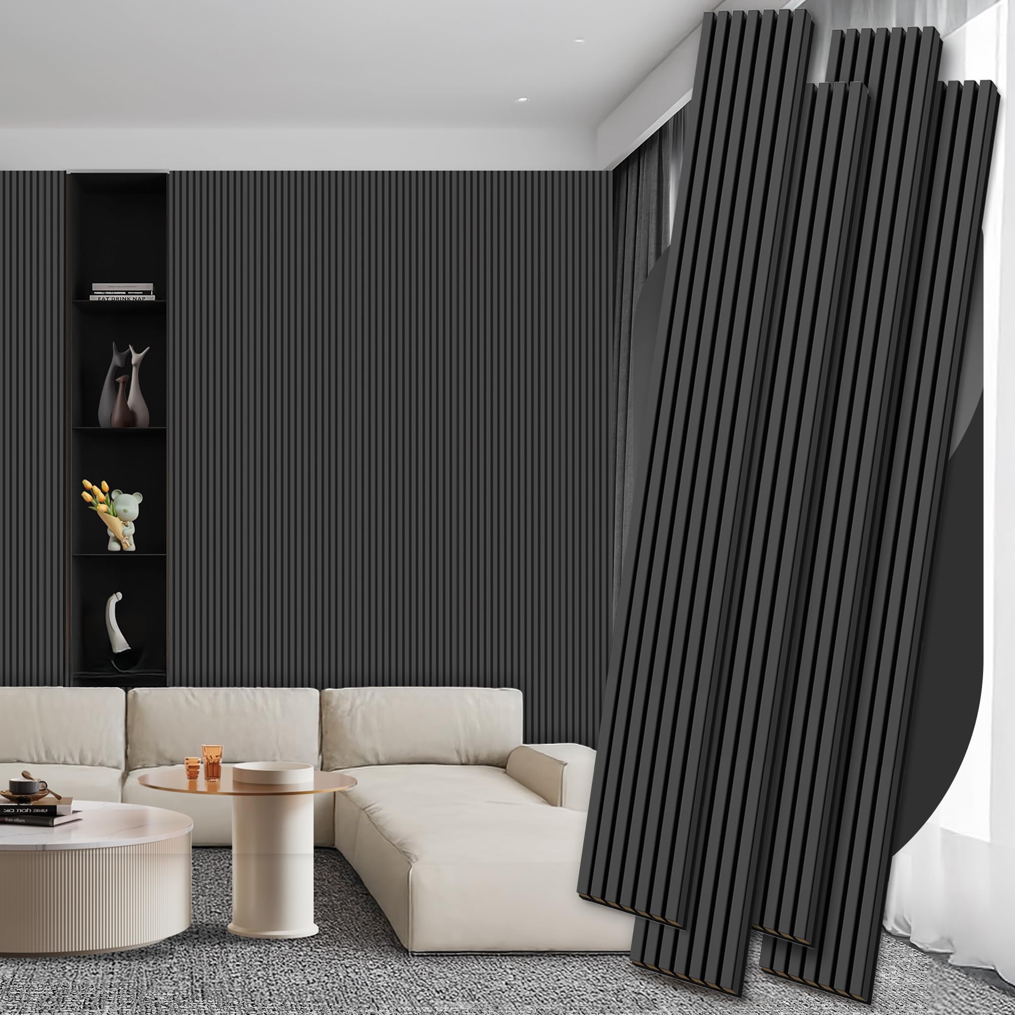 Photo 1 of ***DAMAGED - SEE NOTES/PICTURES***

4 Pack Wood Panels for Wall, 106.3" × 11" Wood Slat Acoustic Panels for Wall, Soundproof Panels, 3D Fluted Panels for Interior Wall Decor (Matte Black)