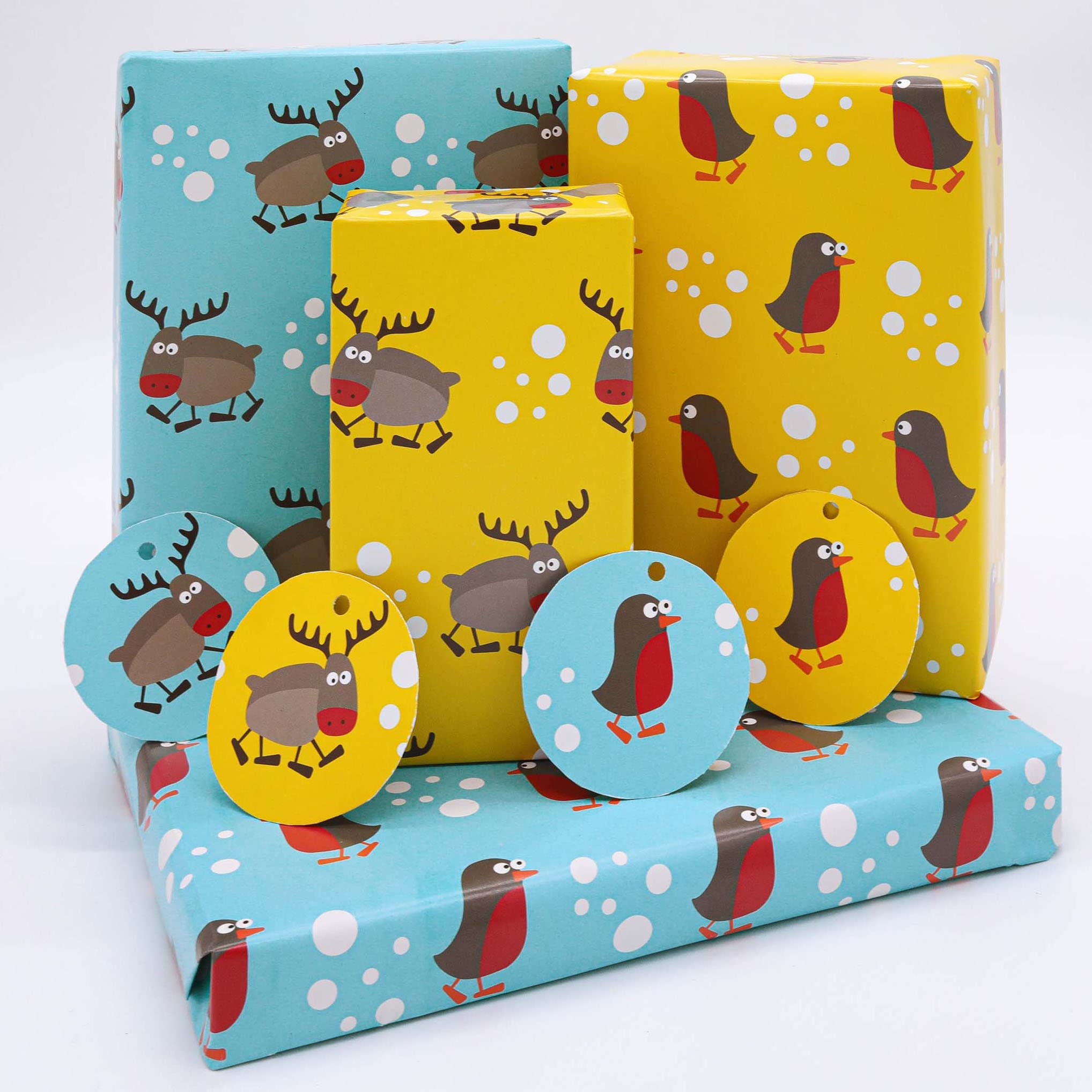Recycled Children's Christmas Wrapping Paper. Reindeer & Robin Luxury Xmas Paper Pack |UK Made | 8 sheets | 16 tags. The Original 100% Recycled, 100% Recyclable Giftwrap Sets by LittleGreen®