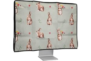 kwmobile Dust Cover for 24-26" Monitor - Linen Monitor Protector with Design - Rabbits and Flowers White/Brown/Gray Green