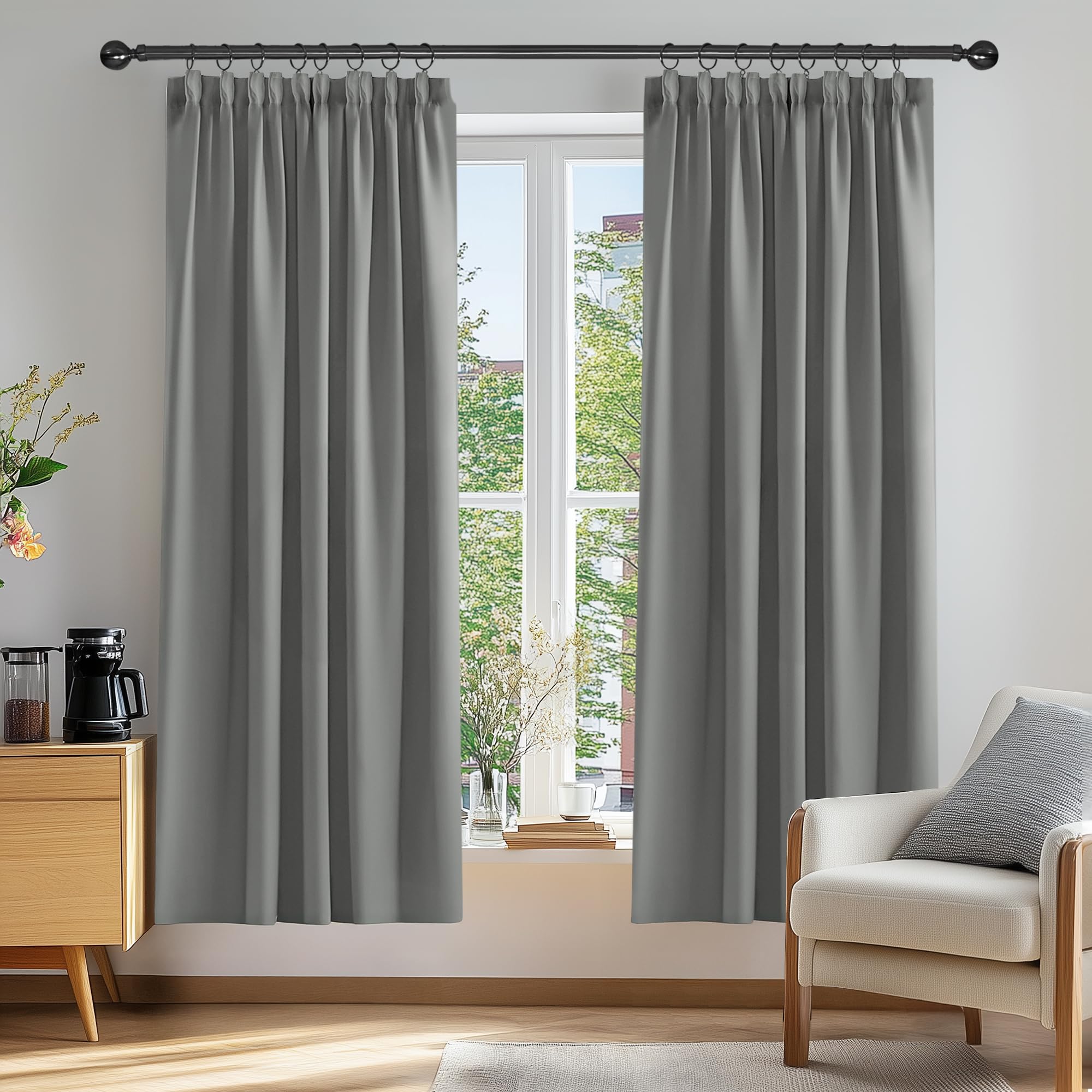 Deconovo Solid Pencil Pleat Curtains Grey Thermal Insulated Tape Top Blackout Curtains for Bedroom 46 x 72 Light Grey 2 Panels โ image 1