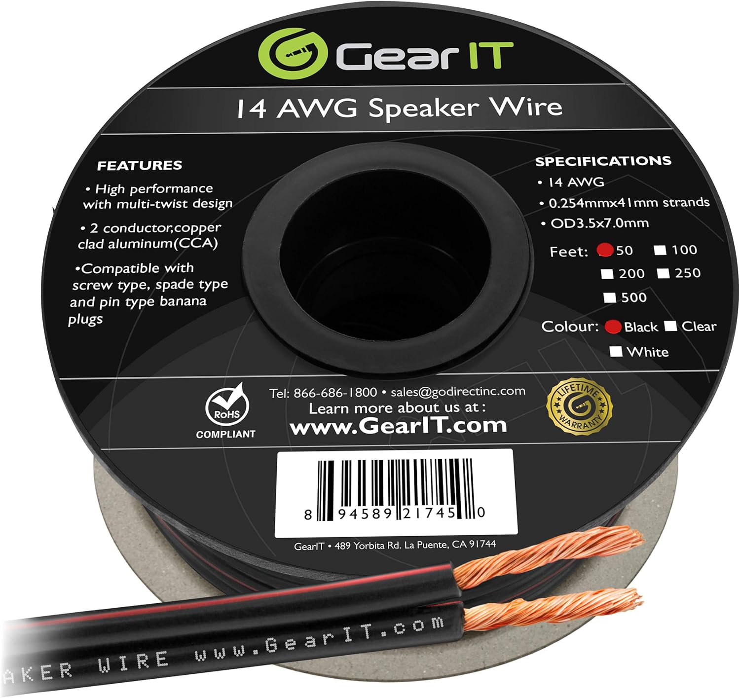14AWG Speaker Wire, GearIT Pro Series 14 AWG Gauge Speaker Wire Cable (100 Feet / 30.48 Meters) Great Use for Home Theater Speakers and Car Speakers Black: Home Audio & Theater