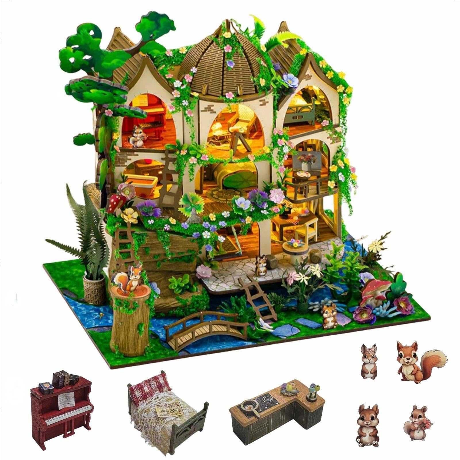 Photo 1 of YSWOOD WORLD DIY Miniature House Kit, Tiny House Kit with Furniture & LED, DIY Wooden Dollhouse Miniature Kit for Adults Teen, Wooden Crafts Lovely Dollhouse Kit, Forest Castle