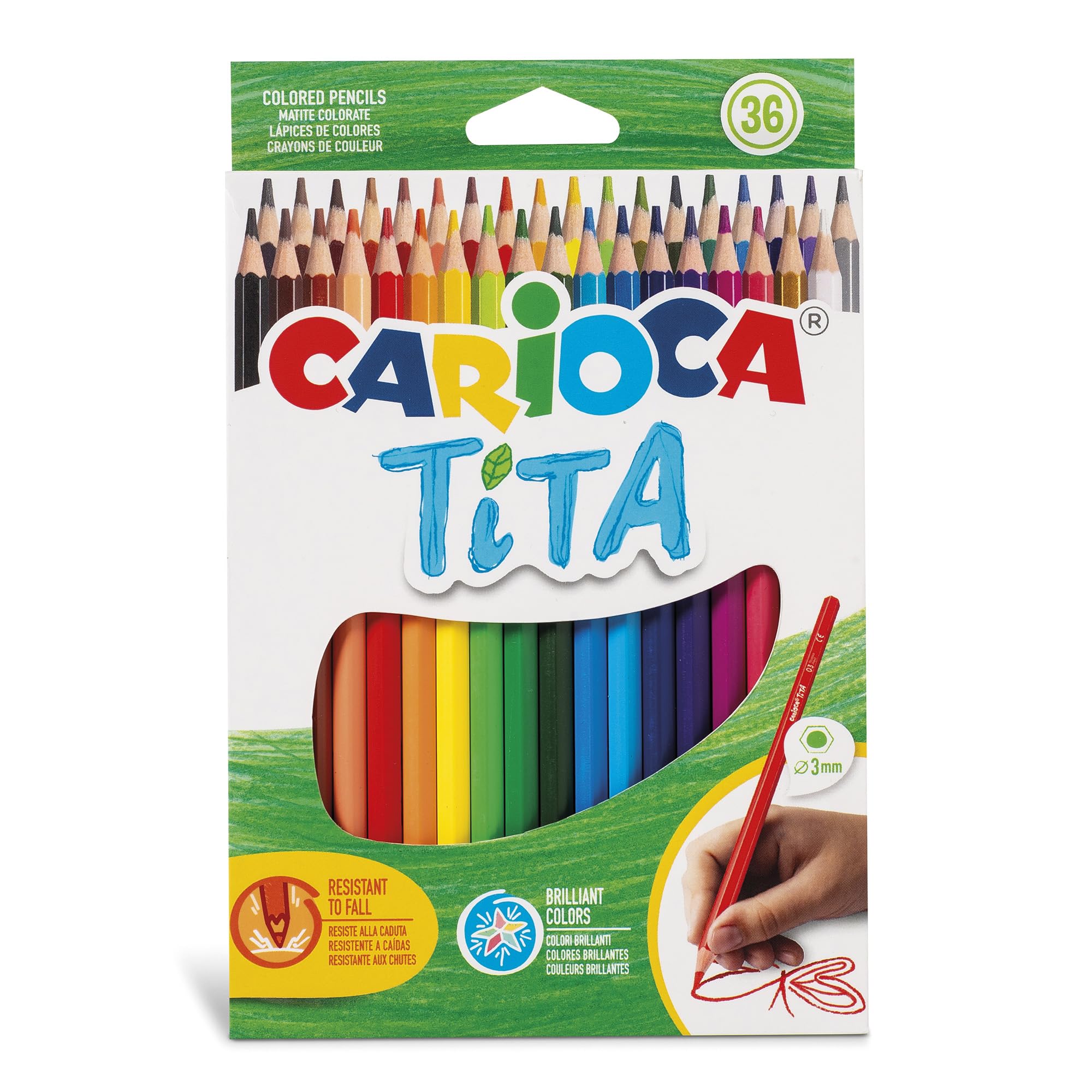 CARIOCA Colour Pencils, Tita Coloured Pencils - Bright and Washable Colours, Extra Strong Lead Ø 3mm, Smooth Writing, Hexagonal Body (Box of 36 Coloured Pencils)