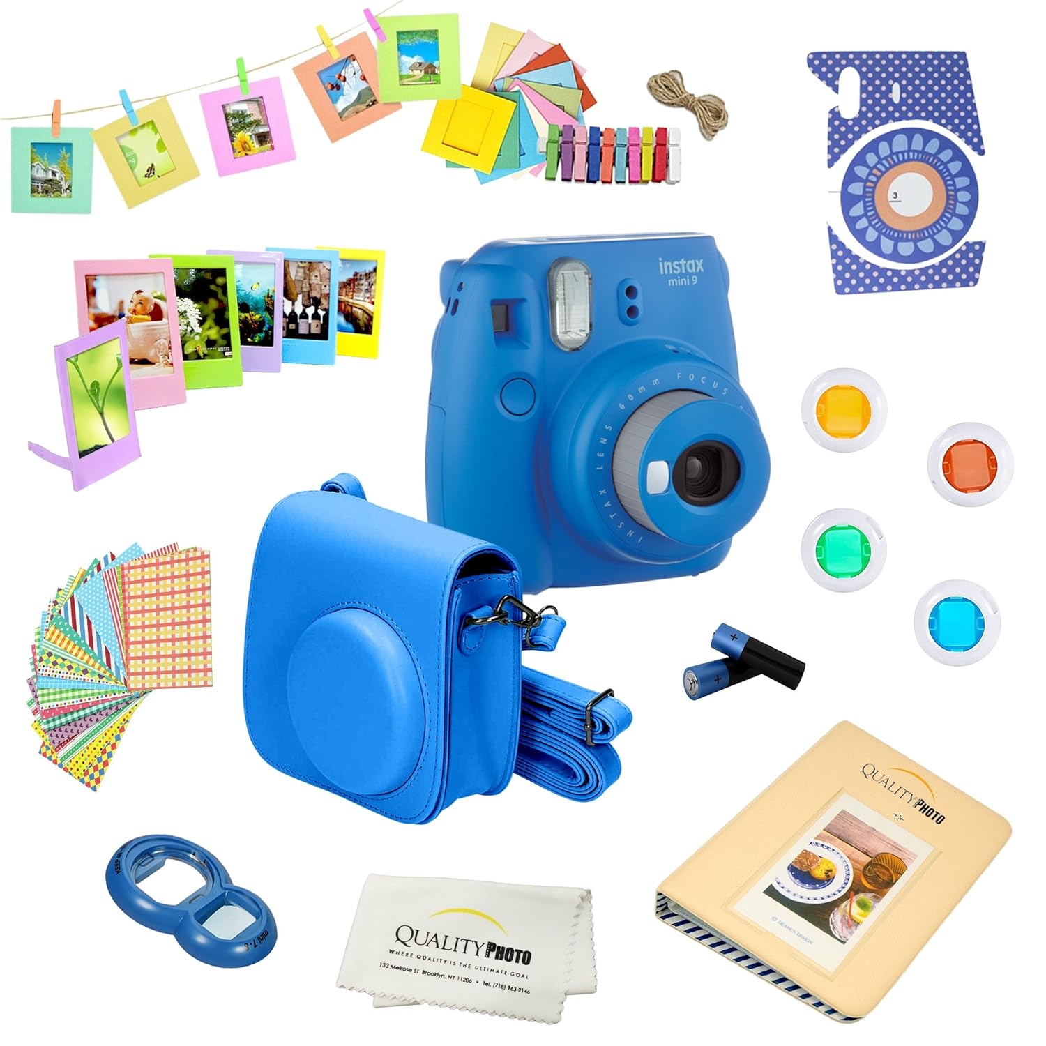 Fujifilm Instax Mini 9 Camera + 14 PC Instax Accessories kit Bundle, Includes; Instax Case + Album + Frames &amp; Stickers + Lens Filters + MORE (Cobalt Blue)