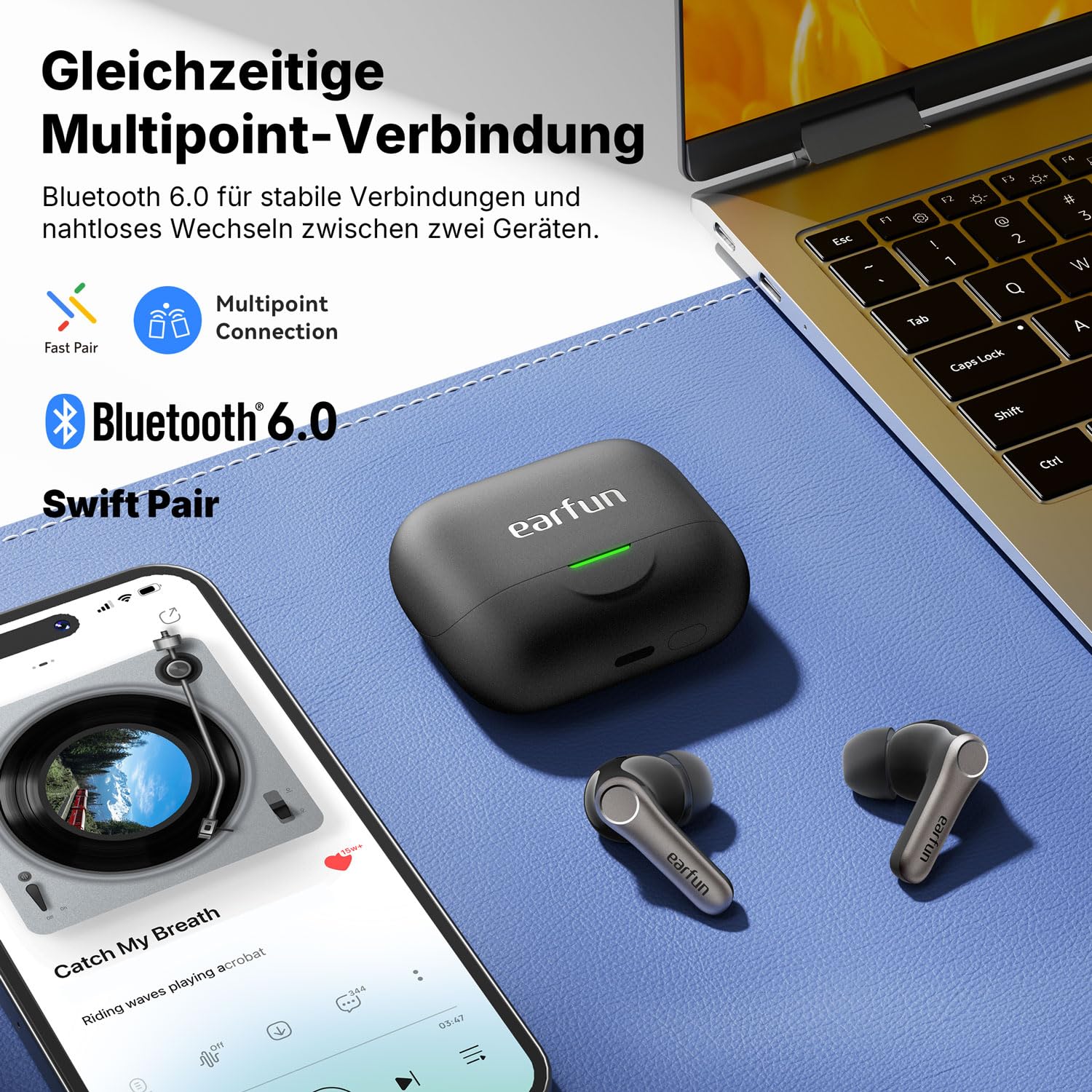 EarFun Air Pro 4+ Bluetooth Kopfhörer mit Noise Cancelling, Hybrid-Treibersystem, Hi-Res Audio, aptX Lossless, LDAC, 6 Mik. KI Anrufe, 54 Std. Akku, Multipoint, Trageerkennung, IP55, Bluetooth 6.0 8