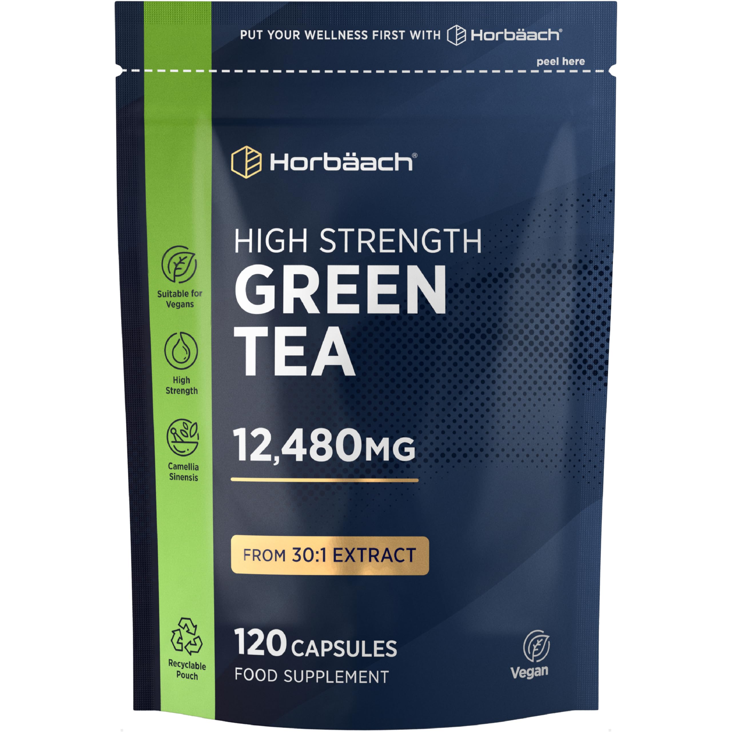 Green Tea Capsules 12,480mg | High Strength Green Tea Extract | Contains Polyphenols | 120 Powder Capsules | Vegan | by Horbaach