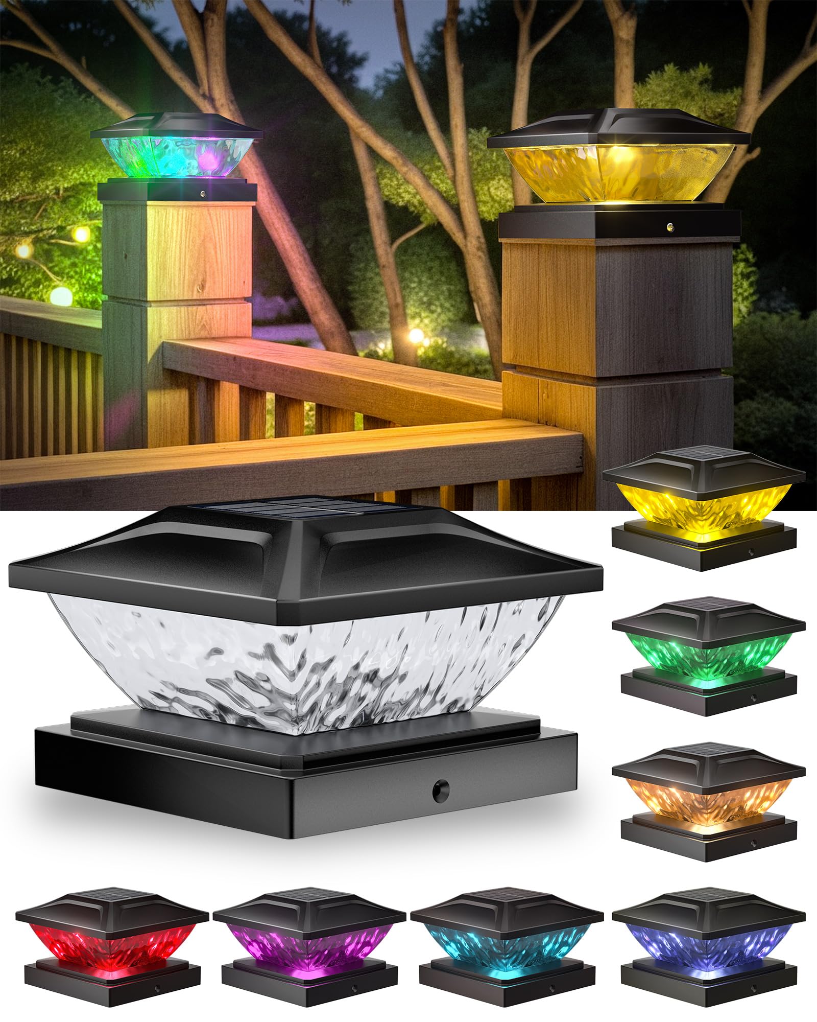 Photo 1 of Ofuray Solar Post Cap Lights,8Pack Fence Deck Post Cap Solar Powered Lights RGB with Two Modes,Fit for 4x4 5x5 Post with 3 Bases,Ip64 Waterproof Outdoor for Fence Deck Mailbox Stairway Black