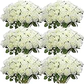 Jexine 50 Pcs Artificial Rose Flower Bulk Realistic Silk Fake Roses with Long Stem Plastic Artificial Flower Bouquet Real Looking for Home Wedding Centerpieces Party Decoration(White)