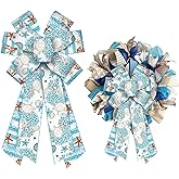 LANGFON Large Summer Wreath Bows - Linen Sea Ocean Burlap Blue Sea Turtle Coral Ribbon Bows for Ocean Theme Decor Indoor Outdoor Tree Topper Wreath Decoration Supplies