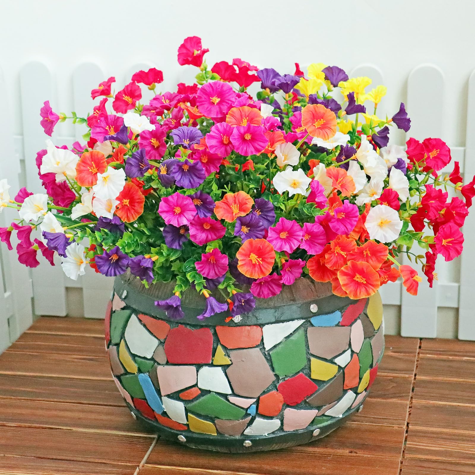 Photo 1 of *** The photo is a reference** the items is different 12PCS Artificial Fake Outdoor Flowers Plants, Faux Silk Realistic Morning Glory Floral Arrangement Planter UV Resistant for Porch Patio Window Box Balcony Garden Decor (Eucalyptus Grass 6 Colors)