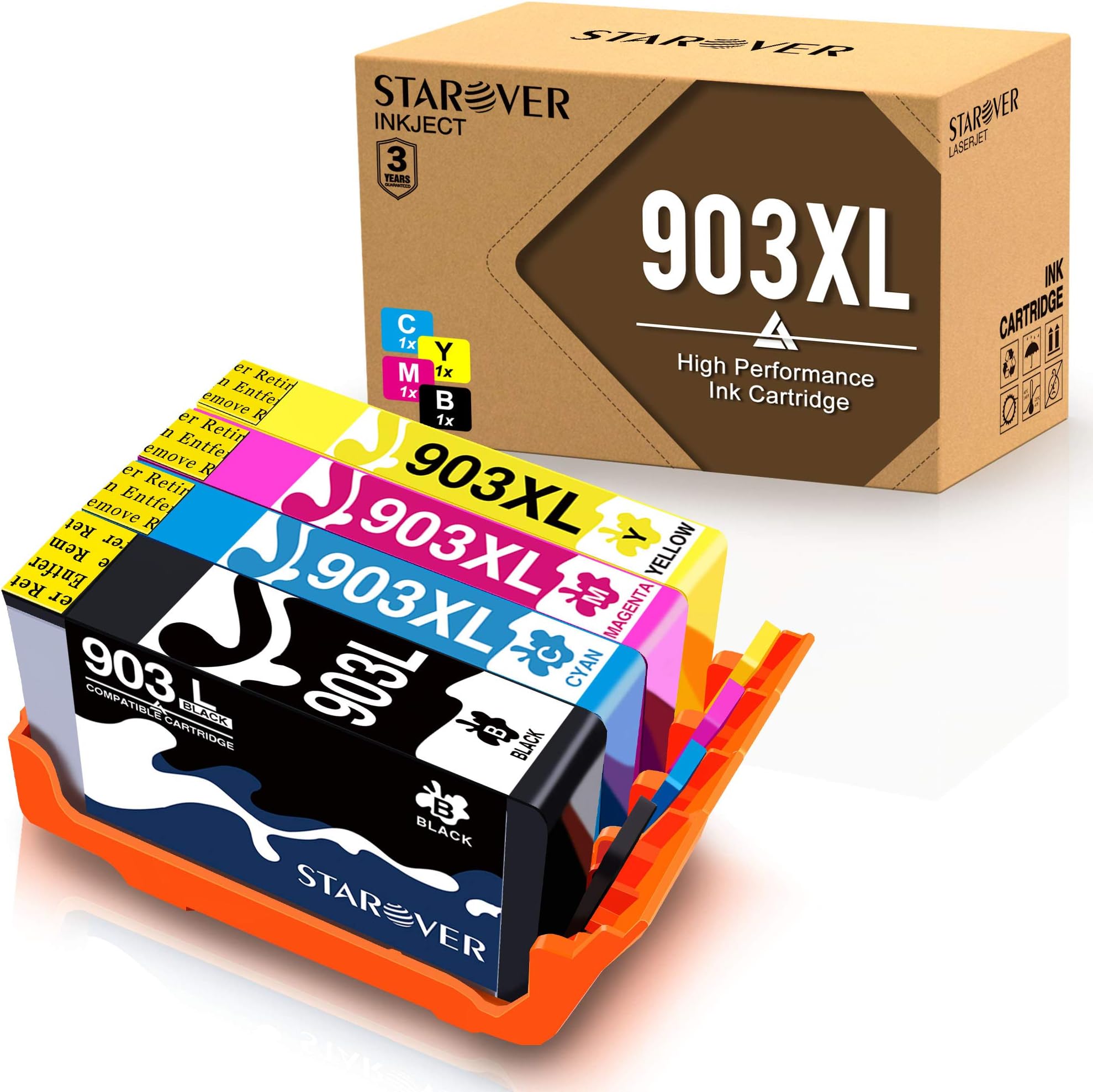 STAROVER 4X Compatible Ink Cartridges for HP 903 XL 903XL Use for HP Officejet Pro 6950 6960 6970 6975 All-in-One Printer (1 Black + 1 Cyan + 1 Magenta + 1 Yellow, with Newest Chip)