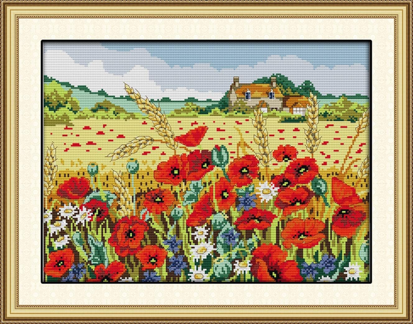 Arione Cross Stitch Kits for Adults Beginners Stamped Printed Pattern No Counting Embroidery Set Art and Craft Poppy and Wheat Fields 43 x 33cm