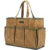 16OZ Waxed Canvas Tool Tote Bag | Large-Capacity Tool Storage Tote with 10 External Pockets | Multi-Purpose Garden Tool Carrier for Gardening, Wrench, and Carpentry Tools – Khaki