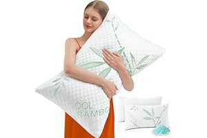 DGPEAR Cooling Pillows, Shredded Memory Foam Pillows Queen Size Set of 2 Adjustable Firm Bamboo Bed Pillows for Hot, Side, Back and Stomach Sleepers