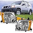 Headlight Assembly Pair Compatible with Nissan Xterra 2005-2015, Factory-OE-Style Halogen Headlamp Replacements for 26010-EA025 26060-EA025, w/o Bulb, White Housing Clear Lens Yellow Corner