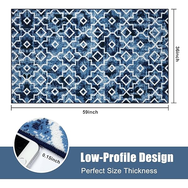 WONNITAR MOROCCAN INDOOR DOOR MAT, 36″X59″ ENTRY RUG WASHABLE FRONT DOOR MAT, NON-SLIP ABSORBENT DIRT TRAPPER MAT, LOW-PROFILE FLOOR CARPET FOR ENTRYWAY KITCHEN BATHROOM (POST BLUE,59” X 35.4”)