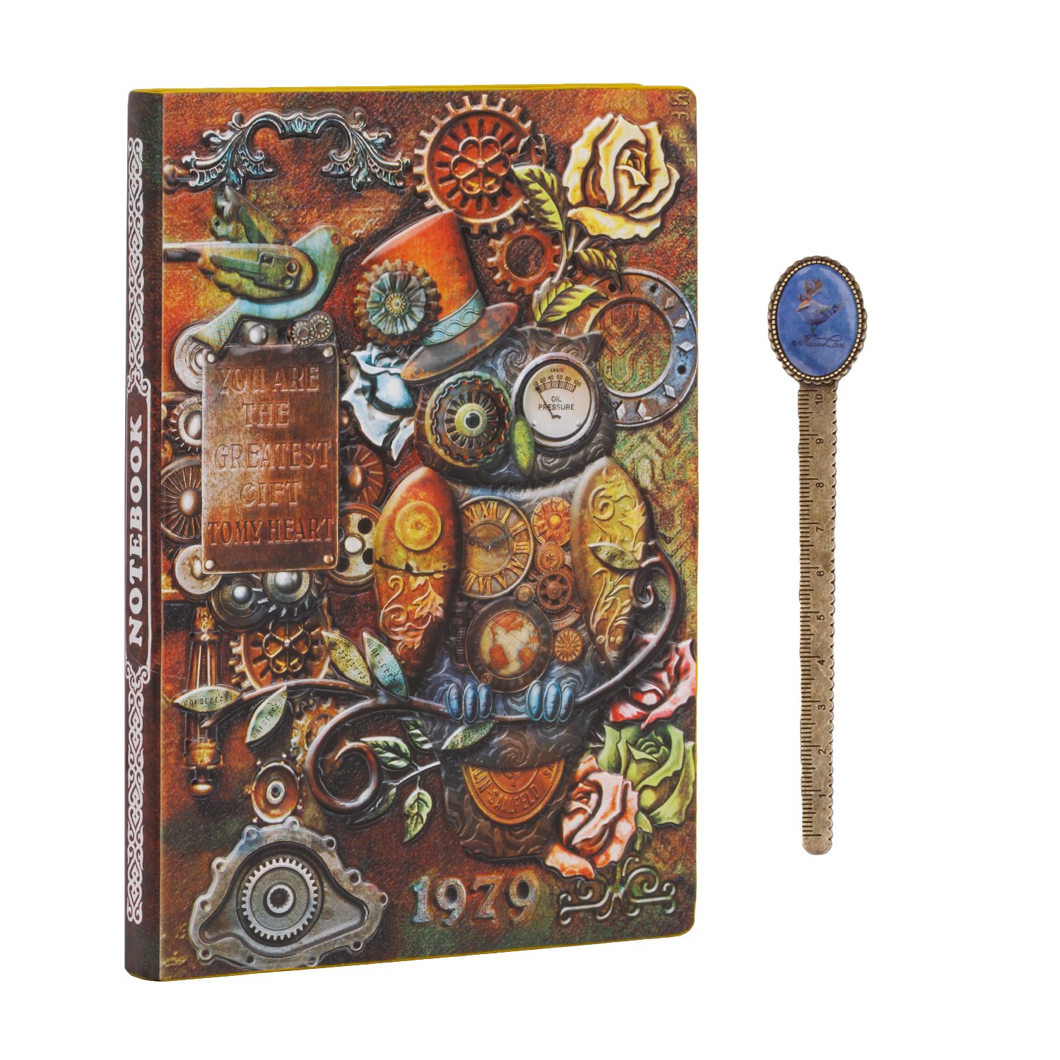 IPENNY A5 Vintage Leather Notebook 3D Embossed Cover Journal with Bookmark Diary Padded Front & Hardback Cover Copper Travel Diary Retro Privacy Notebook Anniversary Birthday Xmas Gifts for Men Women