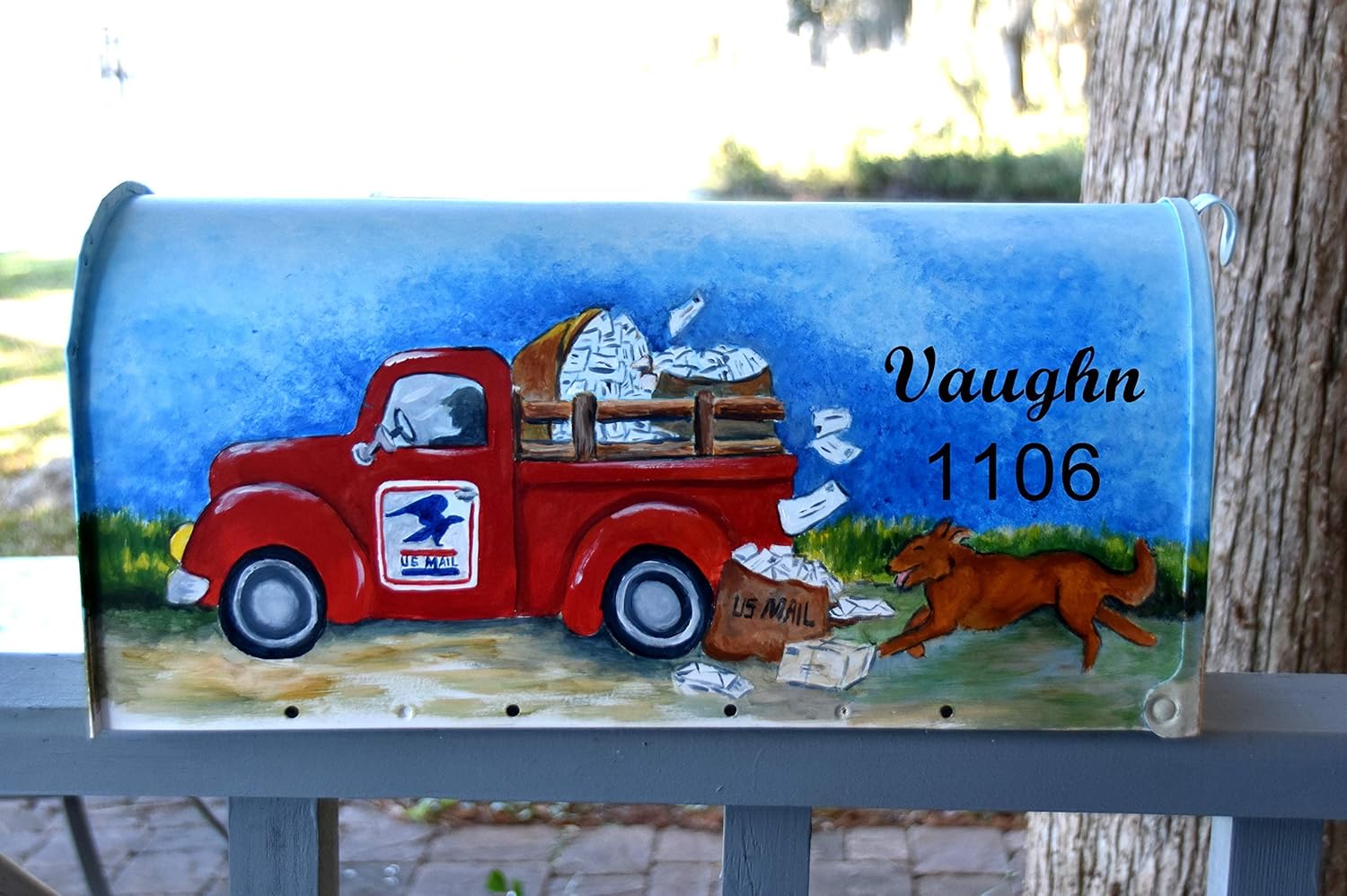 Vintage red truck delivering US MailPainted Mailbox Made to Order Handmade