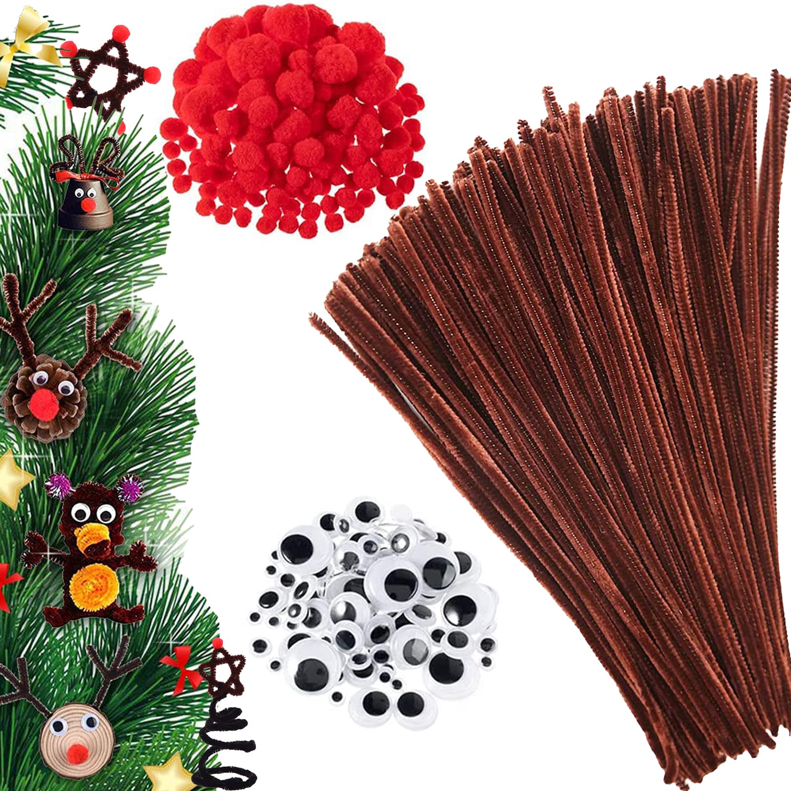 400 Pcs Brown Pipe Cleaners Set,including 100 Brown Craft Chenille Stems 150 Pompoms and 150 Wiggle Googly Eyes Christmas Reindeer DIY Craft Set