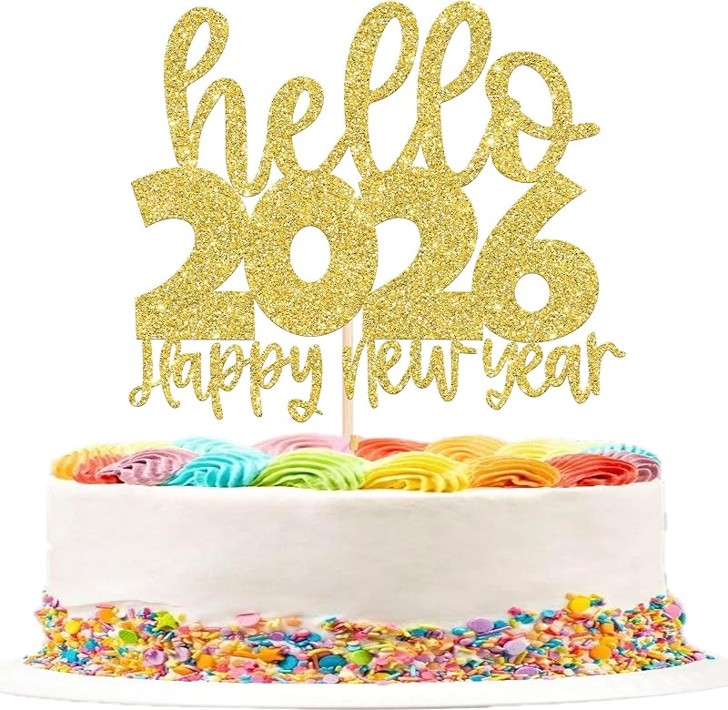 Xsstarmi Hello 2026 Cake Topper Glitter Gold Happy New Year Party Decoration