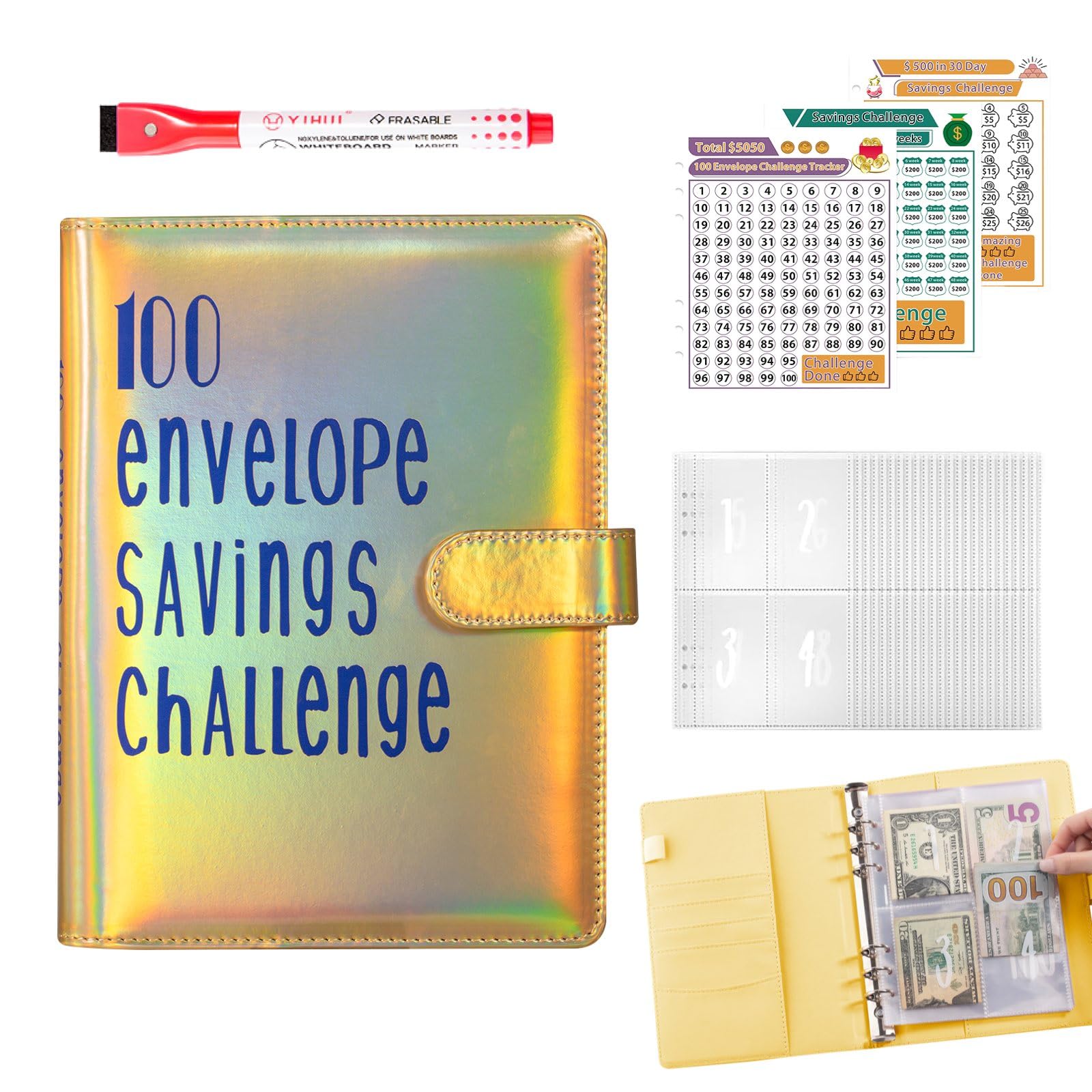 Photo 1 of 100 Envelopes Money Saving Challenge Binder, Budget Binder with Cash Envelopes, Cash Stuffing from 30 Days to 52 Weeks, to Save $500,$5,050 and $10,000 (Golden)