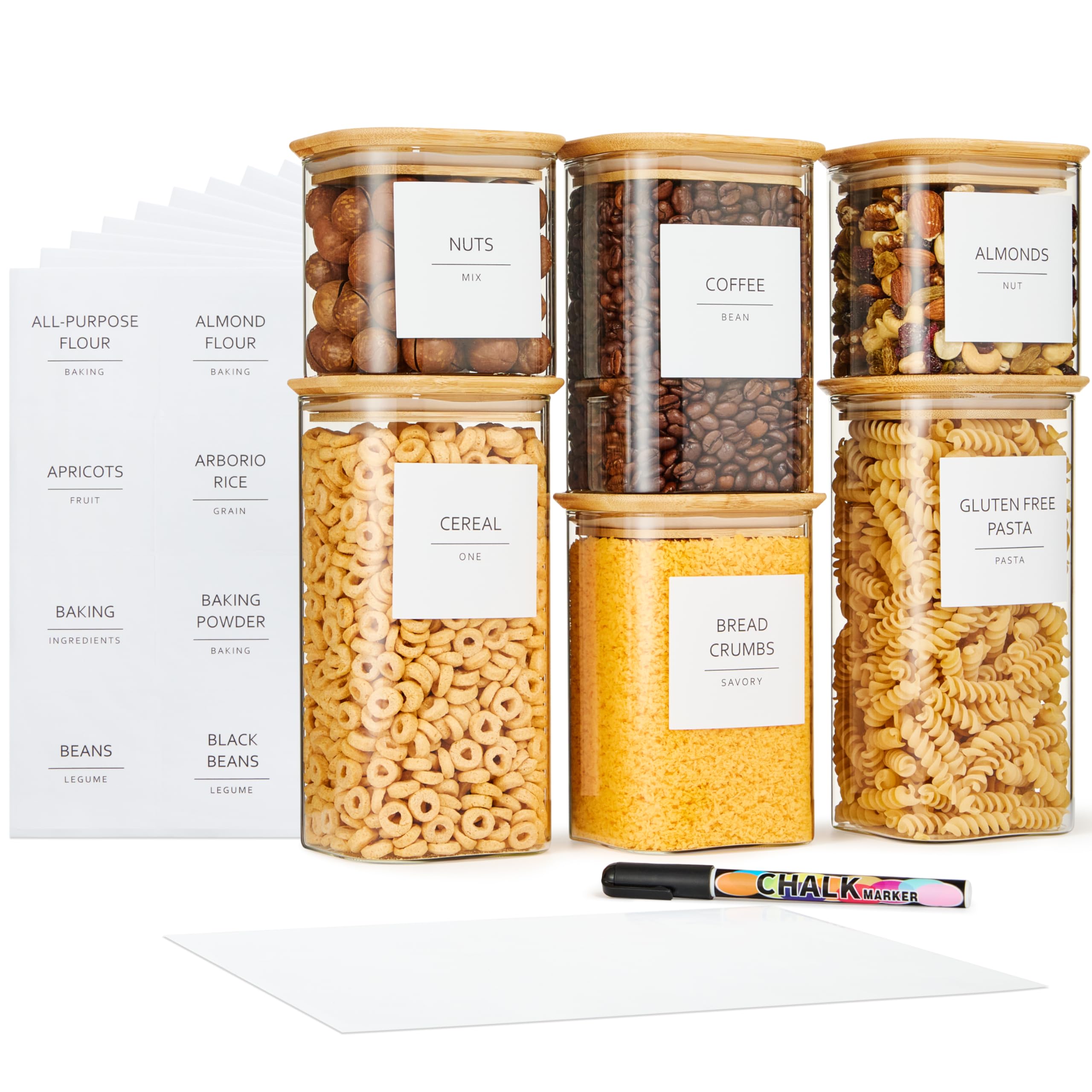 Photo 1 of ***cracked***Talented Kitchen Square Glass Food Storage Containers - Airtight & Labeled Glass Kitchen Storage Containers - Space-Saving Stackable Square Pantry Jars - Pack of 6, 24/37/51 fl oz***cracked***