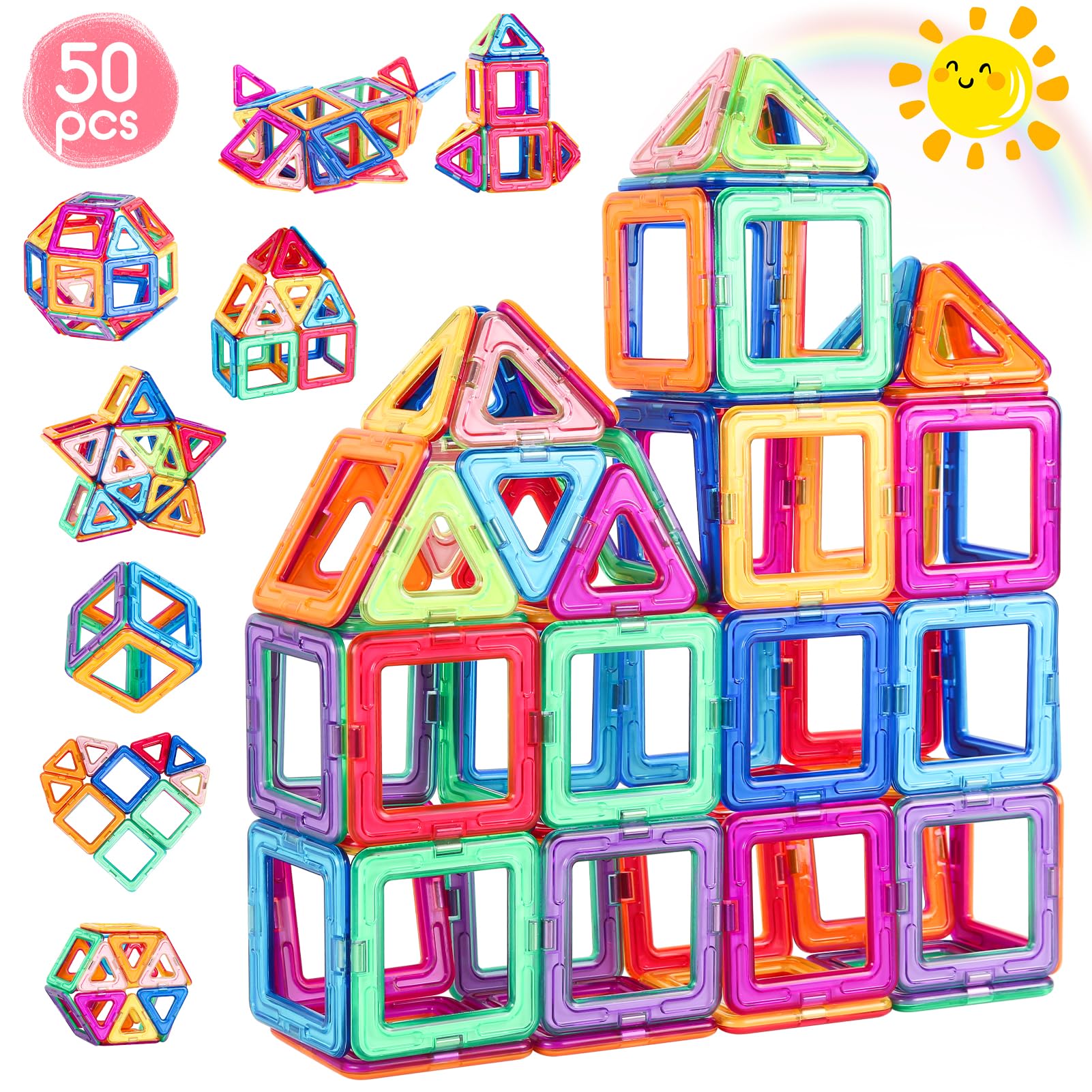 aaczly Magnetic Tiles for Kids 50PCS Magnetic Building Blocks 3D Toys Building Construction STEM Educational Toys for Toddler Boys Girls Age 3 4 5 6 7 8 Years Old