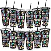 Chuangdi 12 Pcs 24 oz Neon Party Plastic Cups with Lids and Straw Reusable Tumblers Gifts for Glow Party Favors Decorations Night Event Birthday Supplies