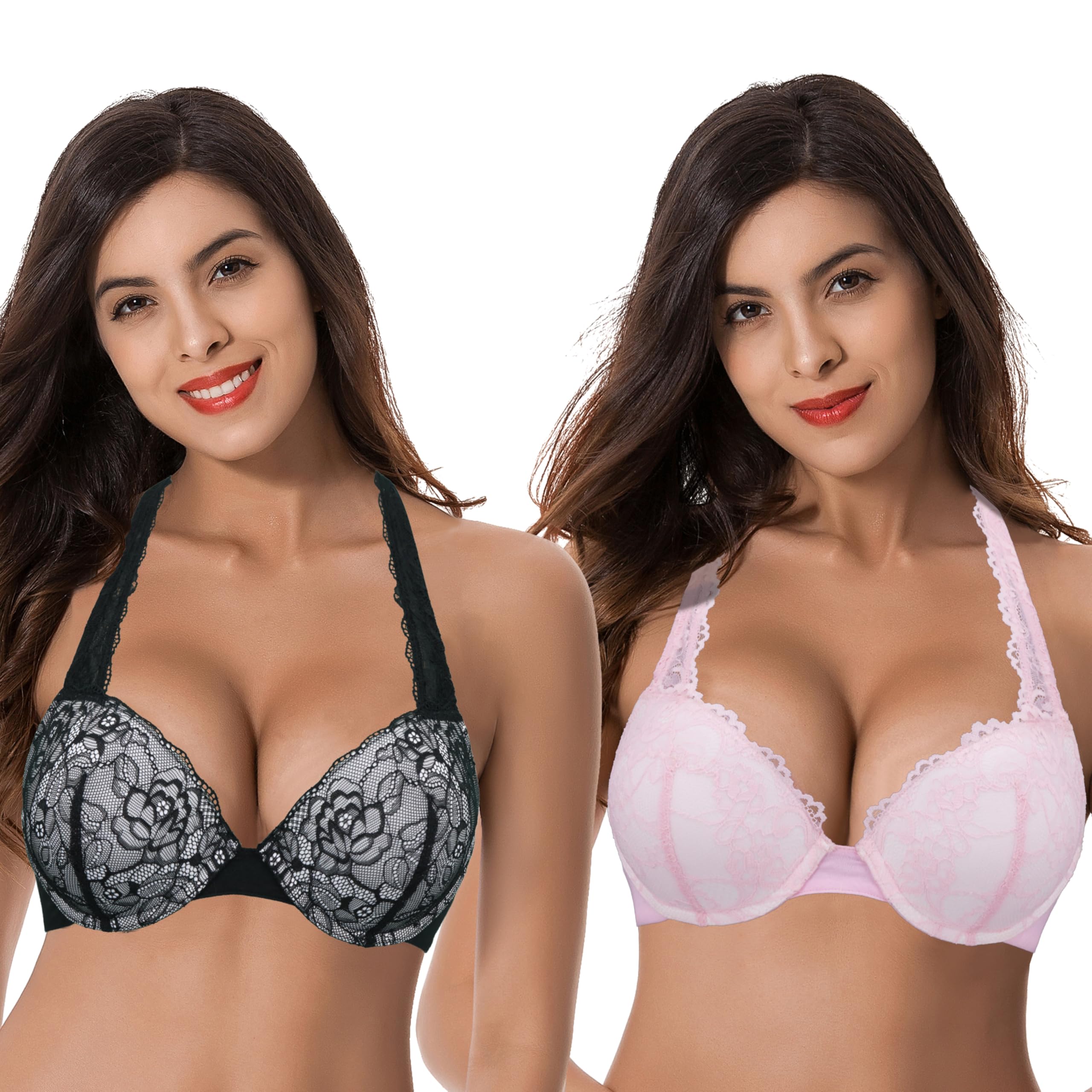 Photo 1 of Curve Muse Women's Plus Size Add 1 and a Half Cup Push Up Underwire Convertible Lace Bras -2PK-Black,Pink-42B-V2