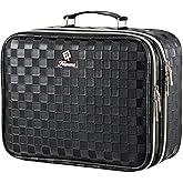 Makeup Bag with LED Lighted Mirror 12.2 IN Cosmetic Train Case Double Layer Makeup Case Adjustable Brightness in 3 Colors Cosmetic Organizer Artist Storage with Brush Holder Vanity Black Checkerboard