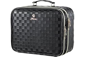 FAQUENC Makeup Bag with LED Lighted Mirror 12.2 IN Travel Double Layer Makeup Case Adjustable Brightness in 3 Colors Cosmetic Organizer Artist Storage with Dividers Brush Holder Vanity Black Checkerboard