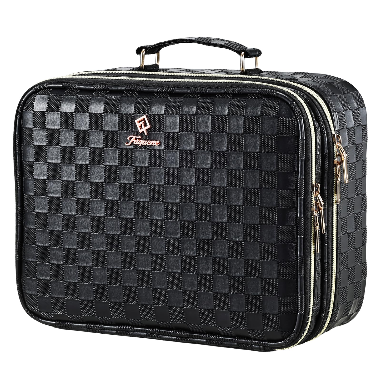 Photo 1 of Makeup Bag with LED Lighted Mirror 12.2 IN Cosmetic Train Case Double Layer Makeup Case Adjustable Brightness in 3 Colors Cosmetic Organizer Artist Storage with Brush Holder Vanity Black Checkerboard