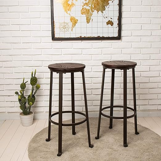 Amazon Com Glitzhome Rustic Steel Bar Stool Round Wood Top Dining