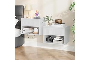 Fluted Floating Nightstand Set of 2, Wall Mounted with Drawer & Storage Shelf, Waterproof & Scratch-Resistant, Metal Glide, C
