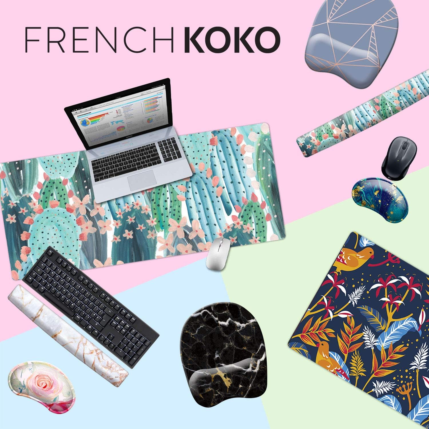 French Koko Large Mouse Pad, Desk Mat, Keyboard Pad, Desktop Home Office School Cute Decor Big Extended Laptop Protector Computer Accessories Pretty Mousepad Women Girls XL 31"x15"(Cute Cactus): Home Audio & Theater