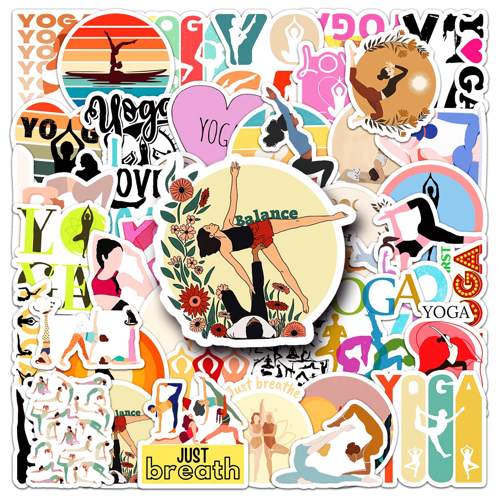 Yoga Stickers 50Pcs Waterproof Aesthetic Yoga Fitness Stickers for Laptop Water Bottle Guitar Car Phone Luggage Guitar Computer Scrapbook Skateboard Bike,Vinyl Funny Sports Sticker for Teens Adults
