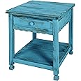 Rustic Cottage End Table w/ Drawer & Shelf, Blue Antique Style, Accent Furniture, Living Room Storage, Assembly Required, Pine/Acacia Wood Top & Wood Legs, For Home & Office Decor