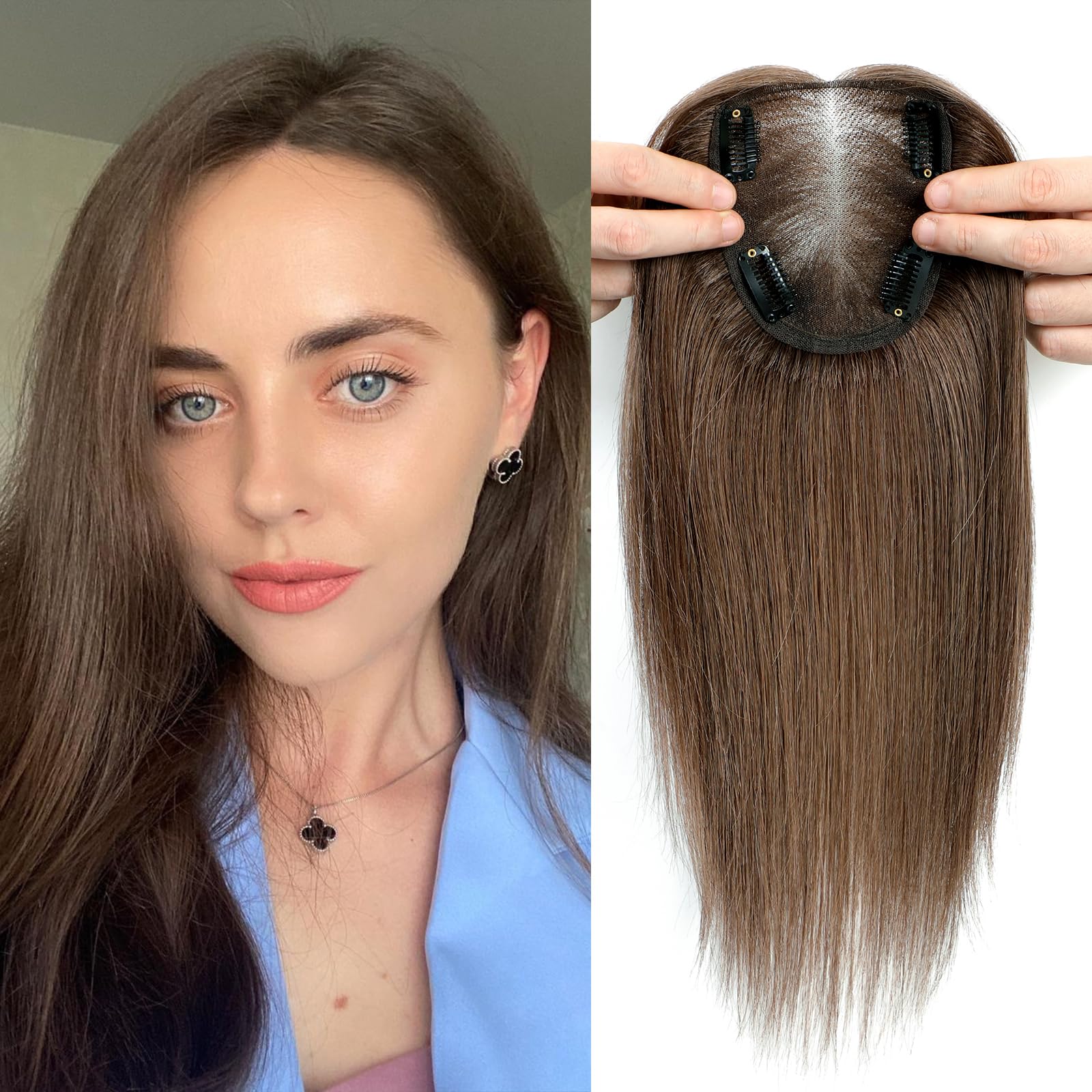 SEA SINGING Human Hair Toppers for Women Real Hair Topper with Thinning Hair 120% Density Round Shaped Swiss Base Clip in Fringe Human Hair Topper Top Hair Pieces 40g-Medium Auburn Brown(12inch, 6#)… — image 1