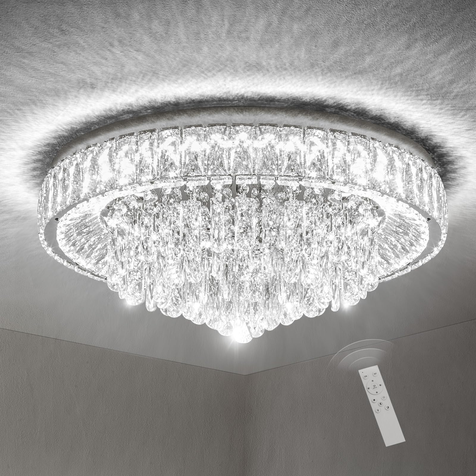 Photo 1 of *MINOR DAMAGE - USED*
Modern Dimmable Led Crystal Chandelier: Flush Mount Crystals Ceiling Light with Remote - 24" Silver Ceiling Lighting Fixtures Round Crystal Chandeliers for Dining Room Bedroom Living Room Entryway