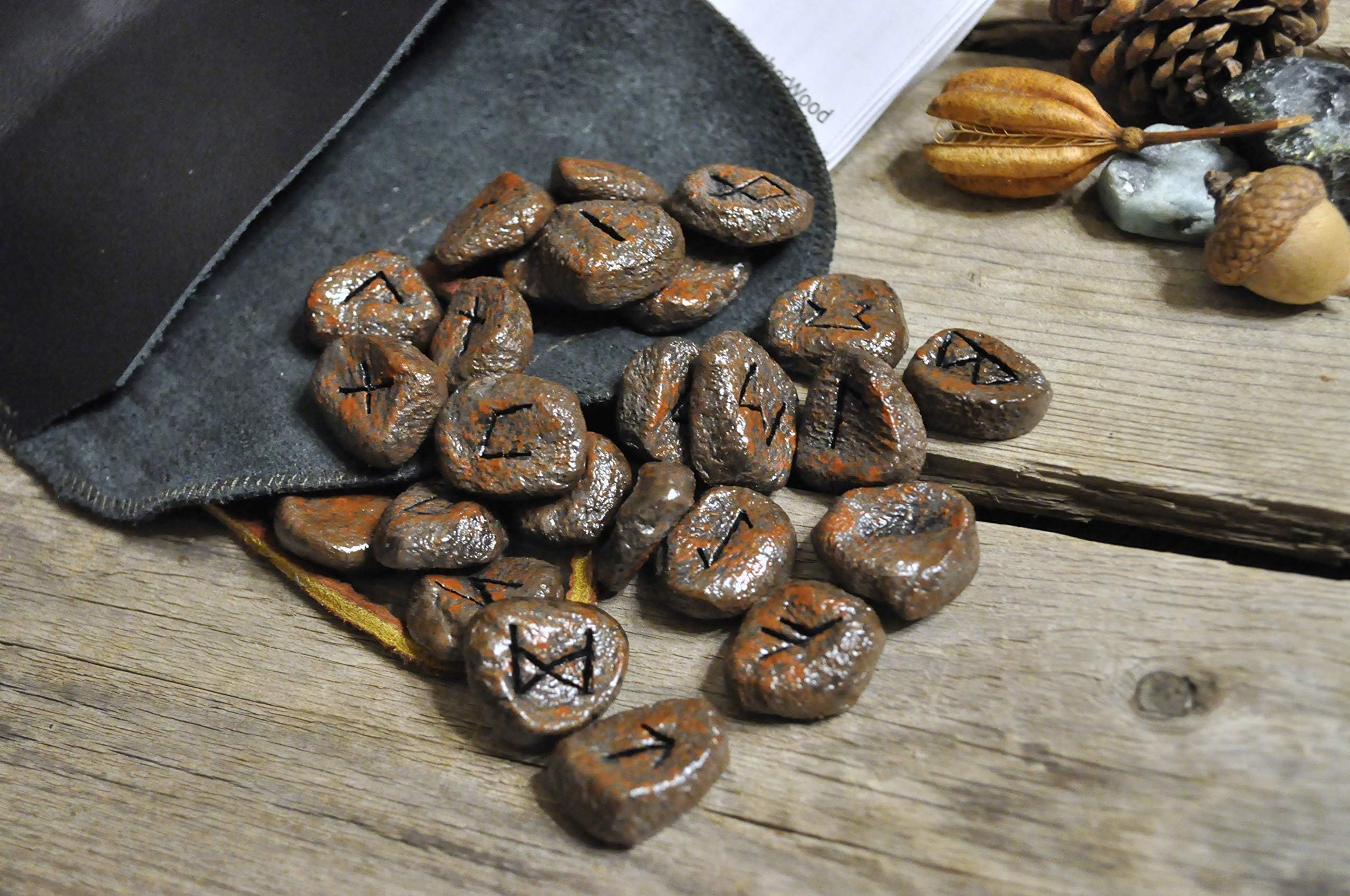 Handmade - Clay Elder Futhark Rune Stones Set with Black Leather Pouch and Casting Pamphlet - Viking - Pagan - Norse Runestones