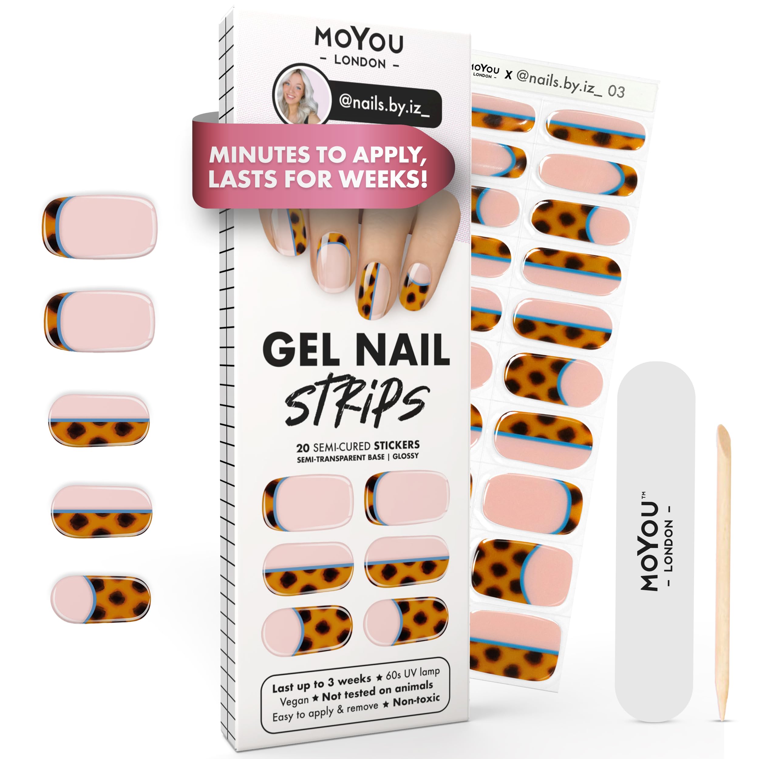 MOYOU LONDON Semi Cured Gel Nail Strips - 20 Pcs. Waterproof Gel Nail Wraps, Cures in Sunlight or UV/LED Lamp, Lasts Up to 2+ Weeks, Stretchable, Easy to Apply & Remove, Vegan & Cruelty-Free