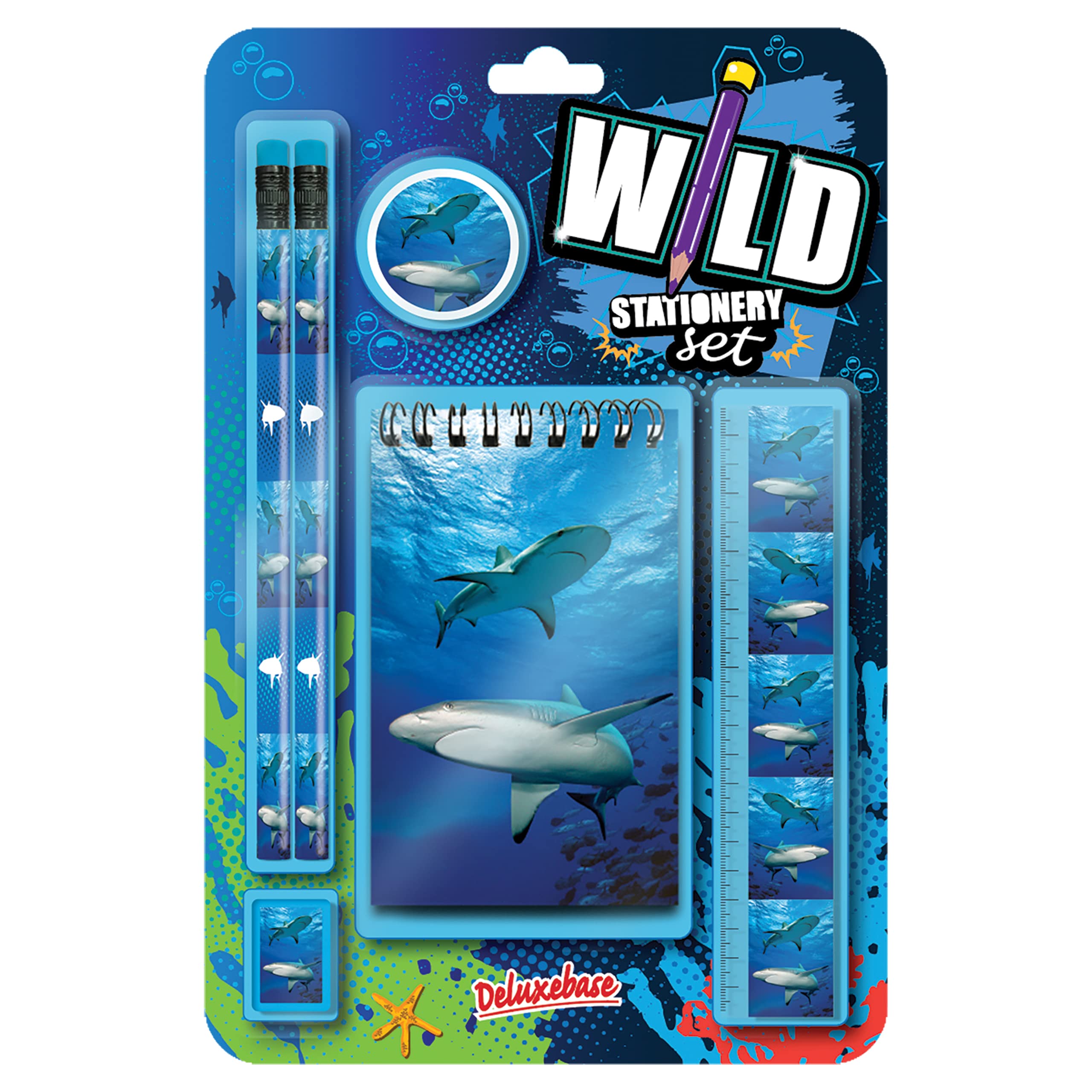 Wild Stationery Set - Shark by Deluxebase. These Fun School Supplies Kits Include 2 Pencils, Eraser, Pencil Sharpener, Ruler and Notebook, Stationery Set