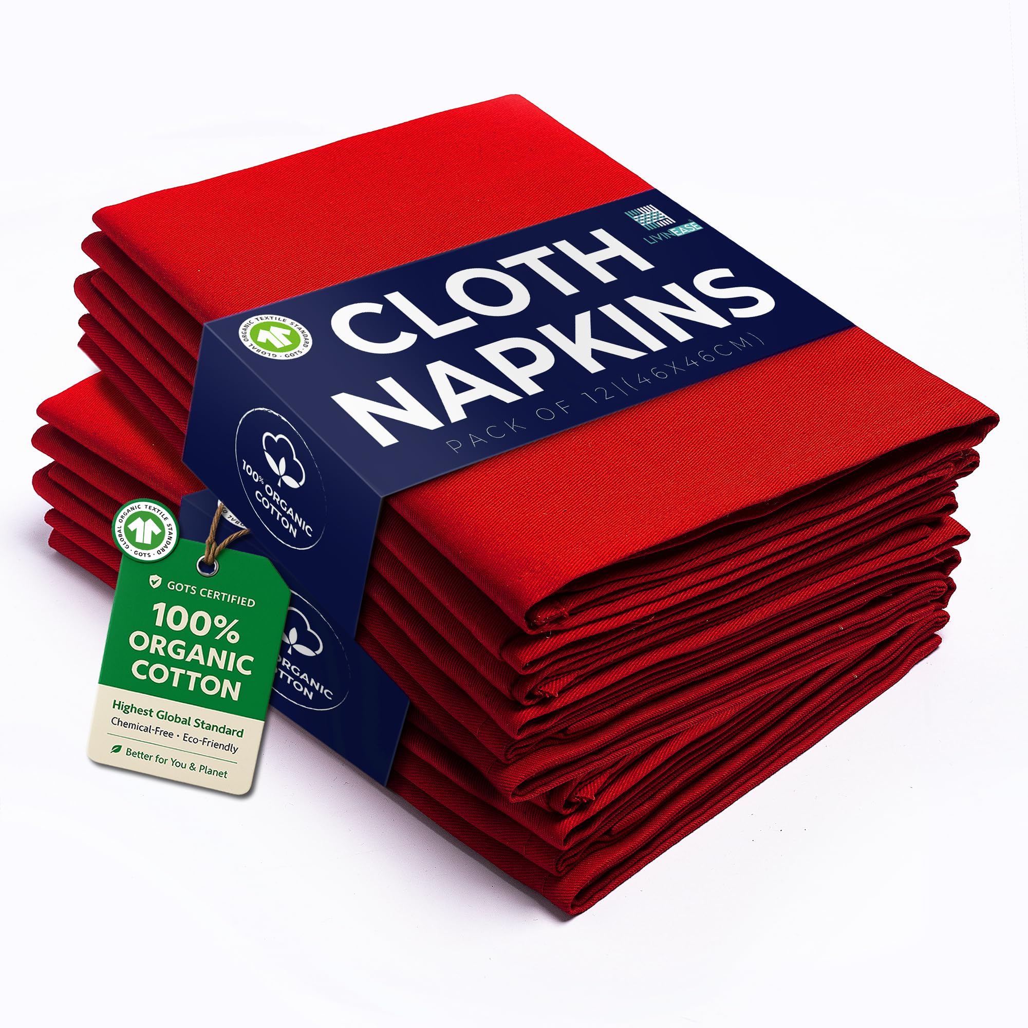 LivinEase Cotton Cloth Napkins - Pack of 12 Red Table Napkins - 100% Cotton Reusable Large Fabric Napkins 46 x 46 cm for Christmas Table (Red)