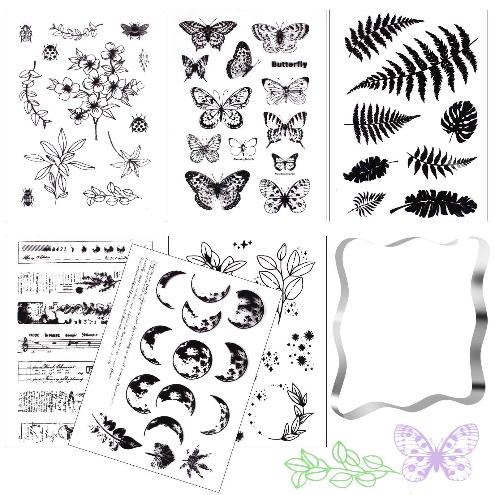 TOTSUN 6Pcs Silicone Clear Stamps, 6 Patterns Rubber Stamps for Crafting with 1Pcs Clear Stamping Block for Scrapbooking DIY Crafts Card Making Decoration