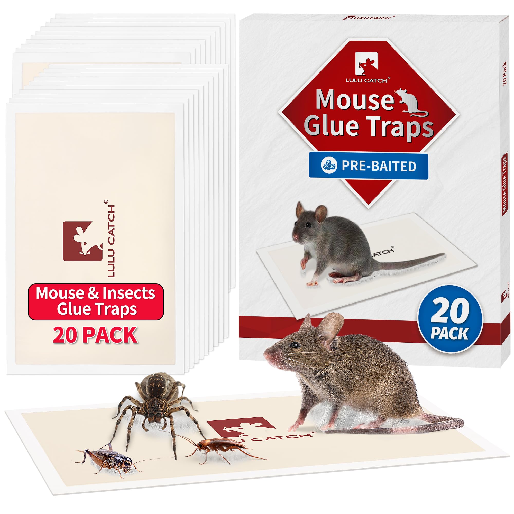 Photo 1 of LULUCATCH Mouse Traps, 20 Pack Pre-Baited Sticky Mouse Traps Indoor for Home, Non-Toxic Bulk Sticky Pads, Glue Traps for Rats, Bugs, Spider, Mice, Cockroach, Pet Safe Pest Control