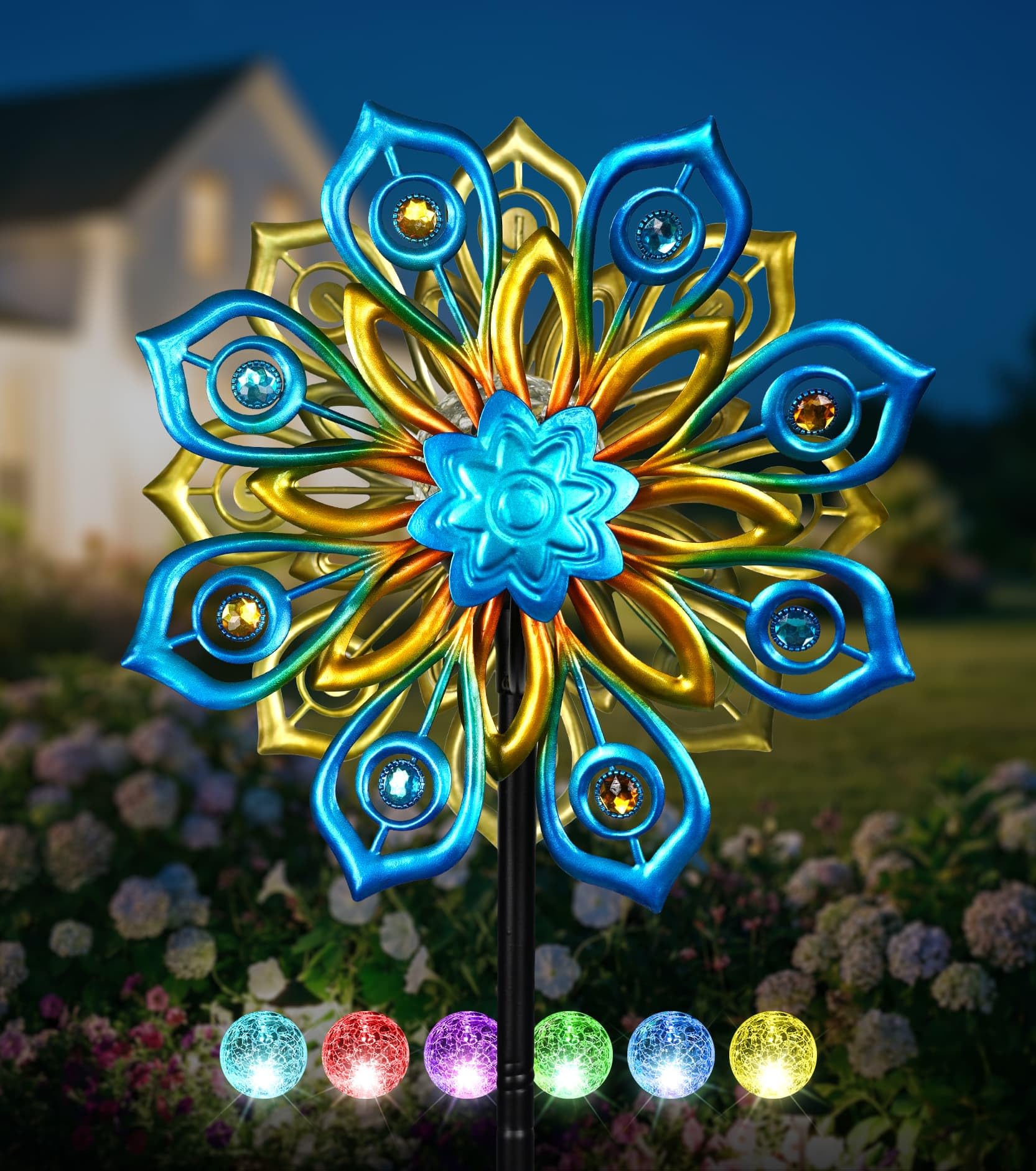 VUFOZ Solar Wind Spinners Outdoor, 63x13 Inch Double Layer Metal Wind Spinner with Crackle Glass Ball, Built-in Solar Panel, Peacock Feather Kinetic Yard Art with LED Light for Garden Decor